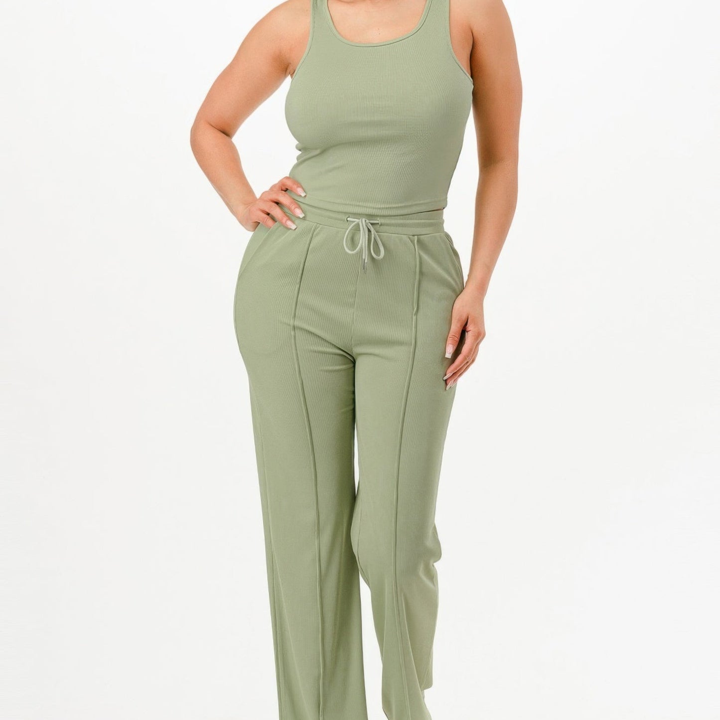 Ribbed Tank Top And Pant Two Piece Set in Green - Front View 