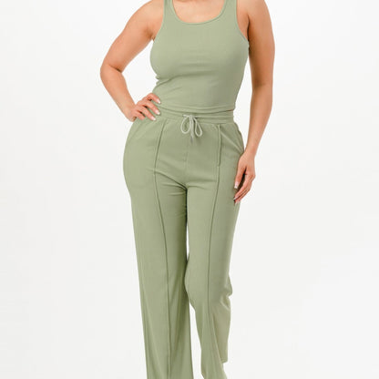 Ribbed Tank Top And Pant Two Piece Set in Green - Front View 