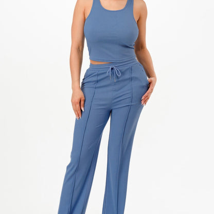 Ribbed Tank Top And Pant Two Piece Set in Blue - Front View 
