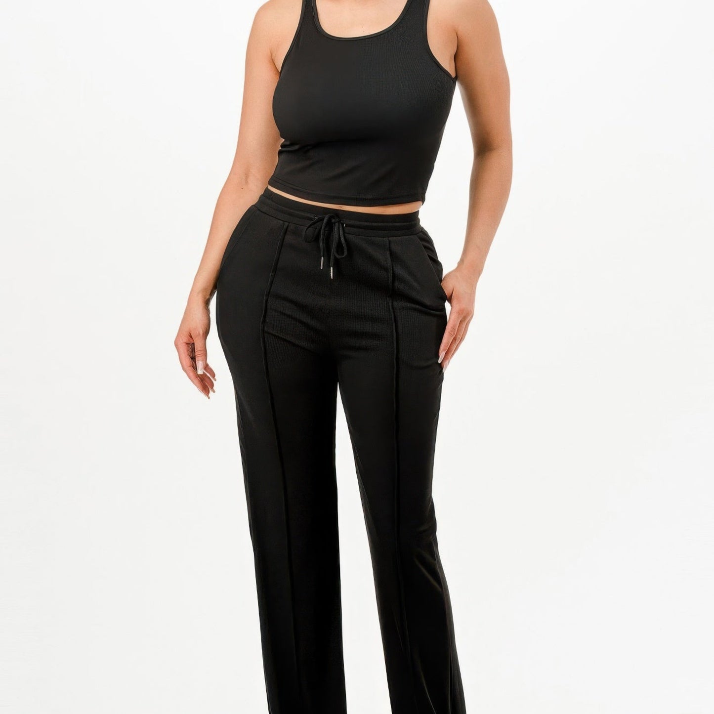 Ribbed Tank Top And Pant Two Piece Set in Black - Front View 