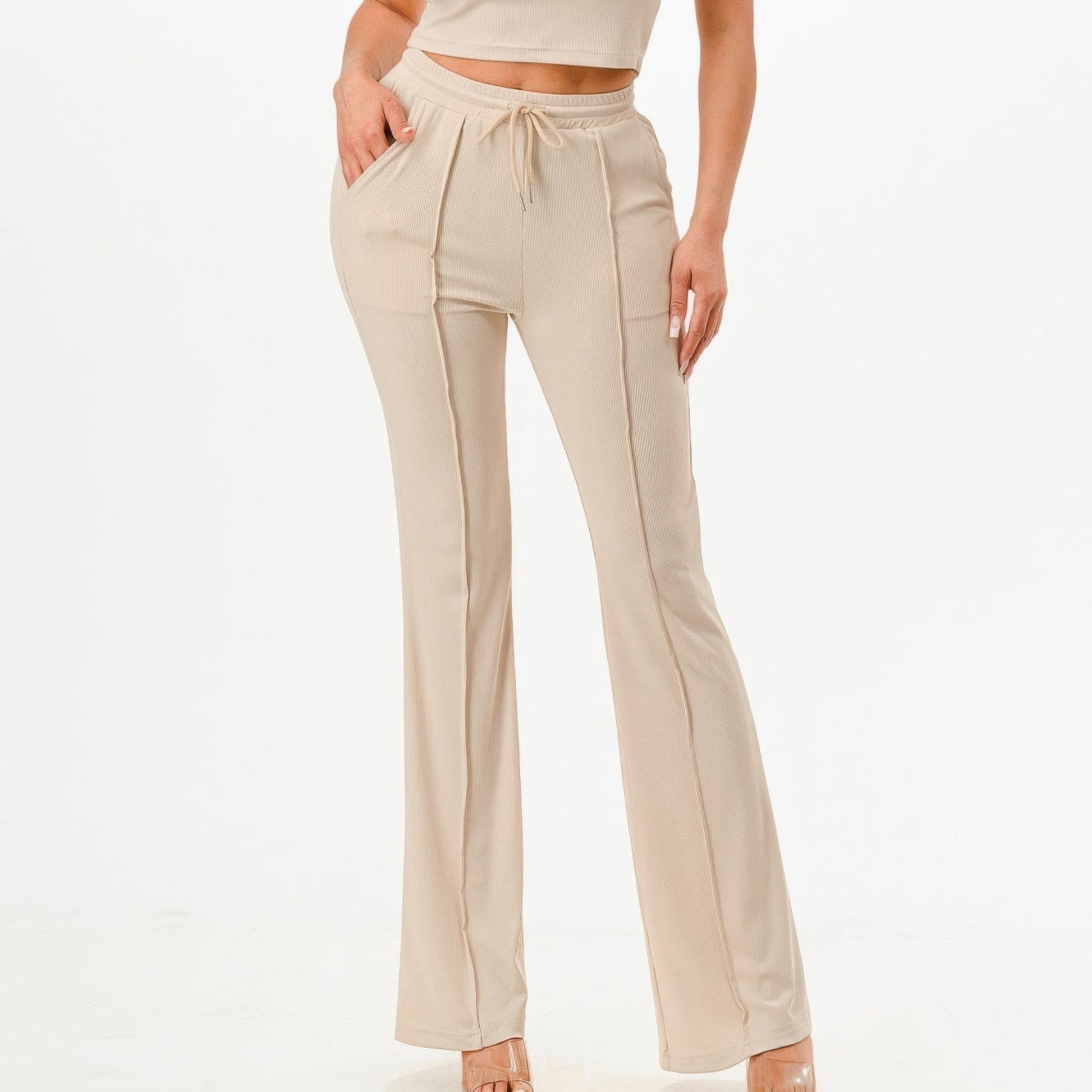 Ribbed Tank Top And Pant Two Piece Set in Khaki - Lifestyle View