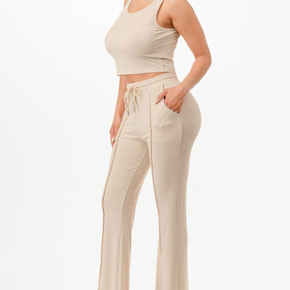 Ribbed Tank Top And Pant Two Piece Set in Khaki - Side View 