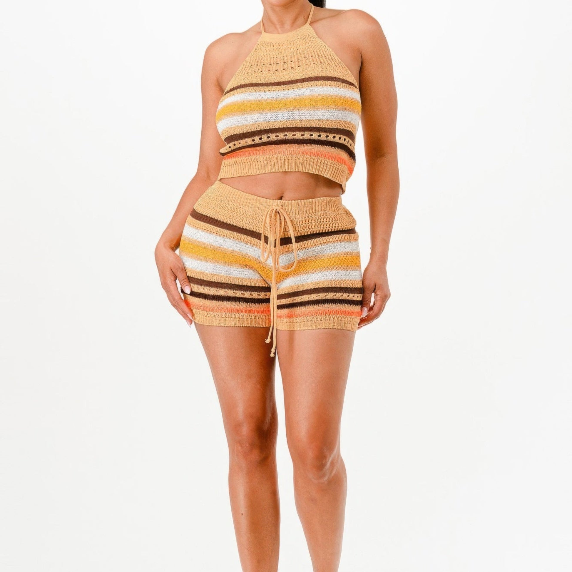 Crochet Halter Top And Shorts Two Piece Set in Tan - Lifestyle View 1 