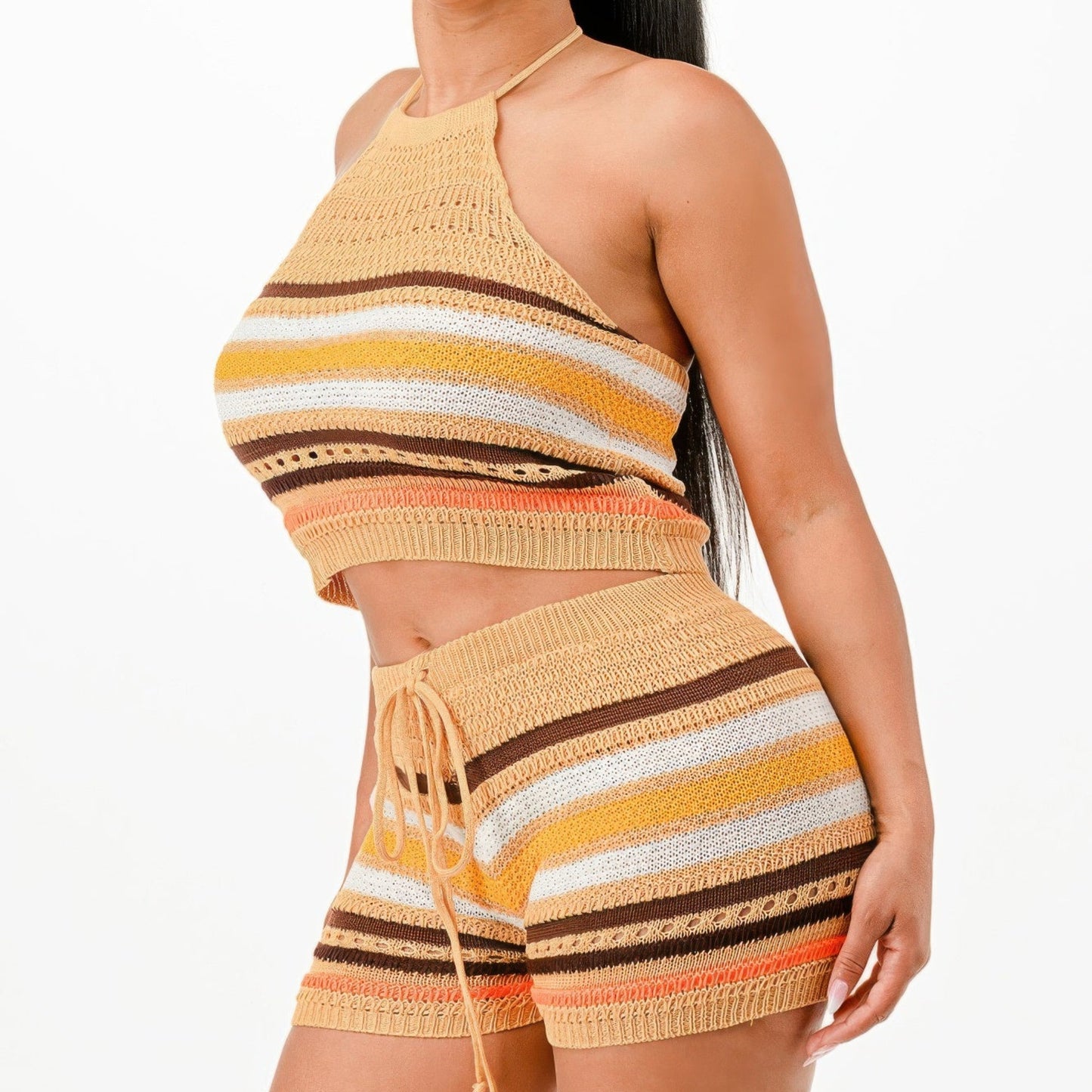 Crochet Halter Top And Shorts Two Piece Set in Tan - Side View 