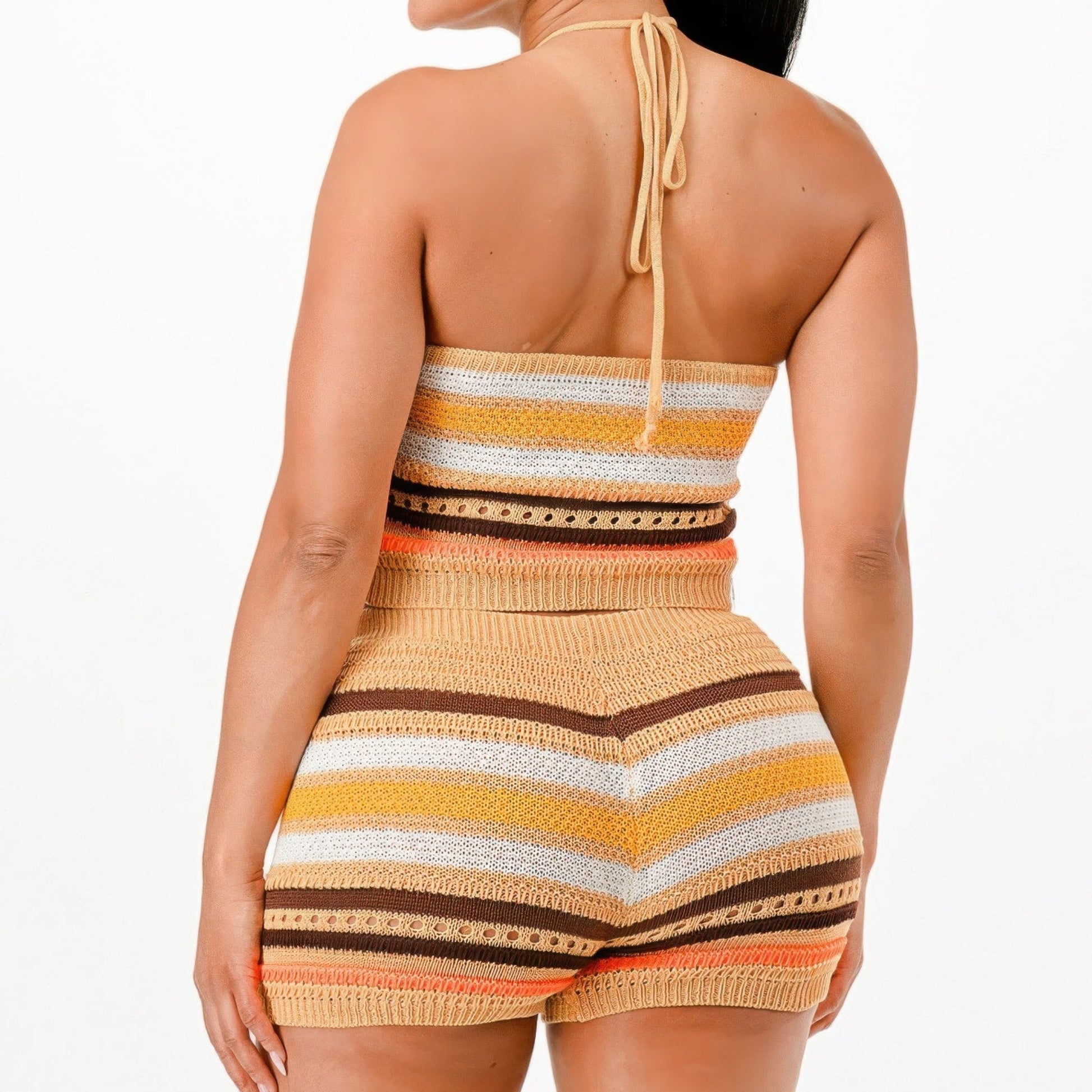 Crochet Halter Top And Shorts Two Piece Set in Tan - Back View