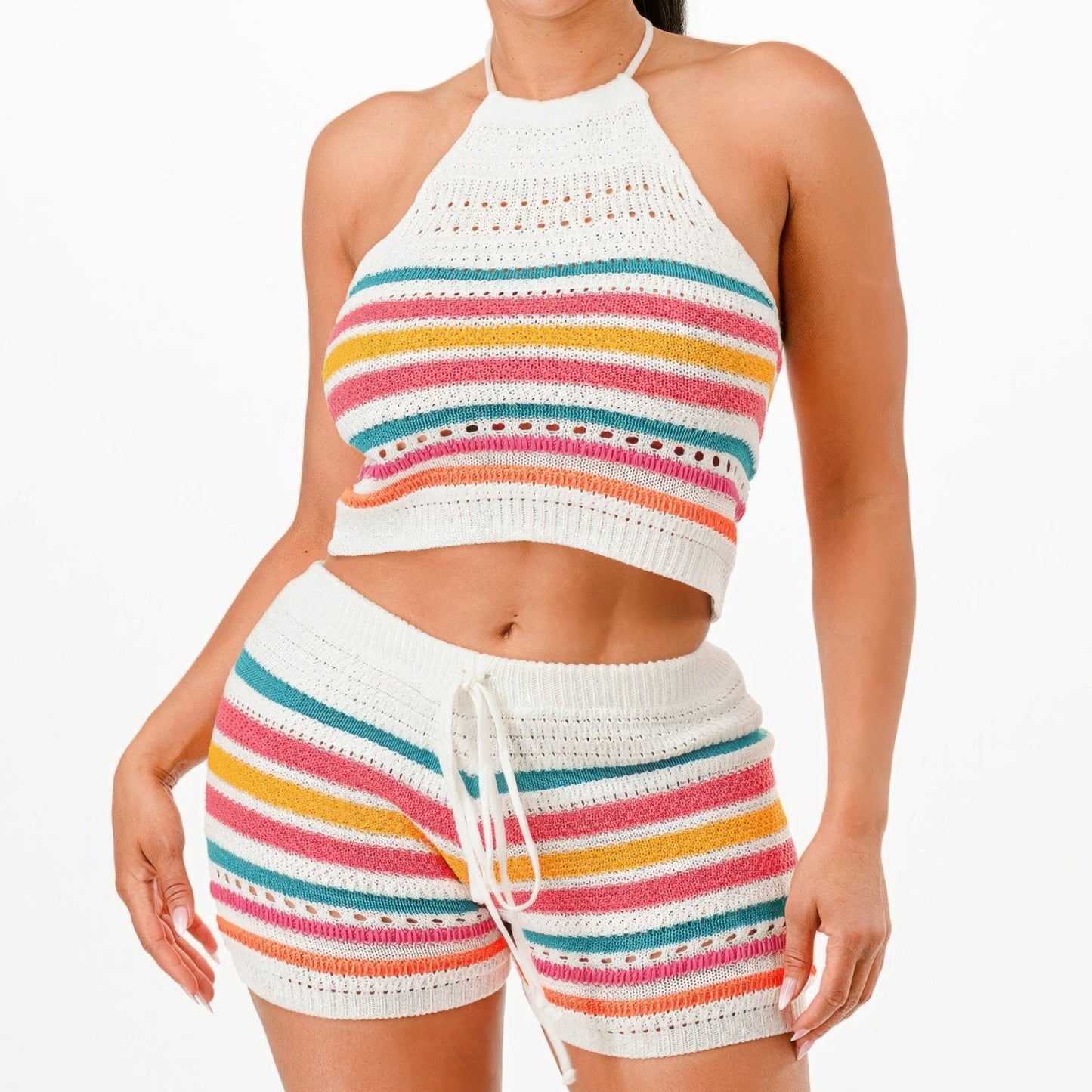 Crochet Halter Top And Shorts Two Piece Set in White - Lifestyle View 2