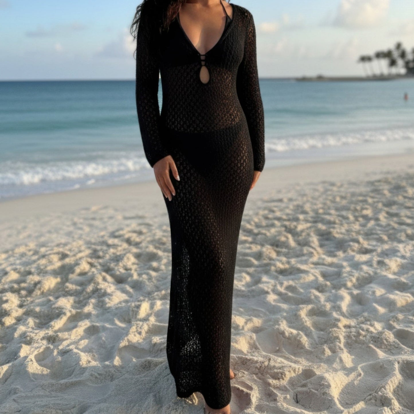 Women's black crochet maxi dress with long sleeves beach cover-up