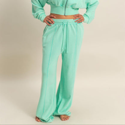 Acid Wash French Terry Wide-Leg Pants in Mint - Lifestyle View