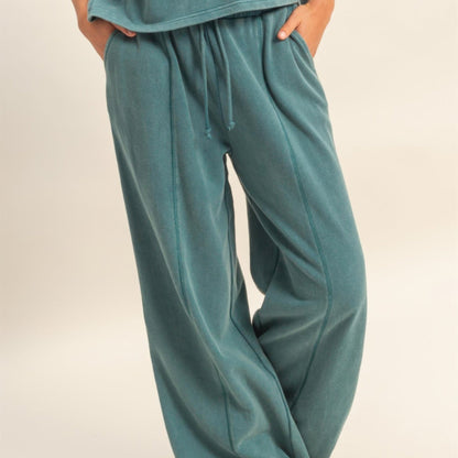 Acid Wash French Terry Wide-Leg Pants in Dark Teal - Front View