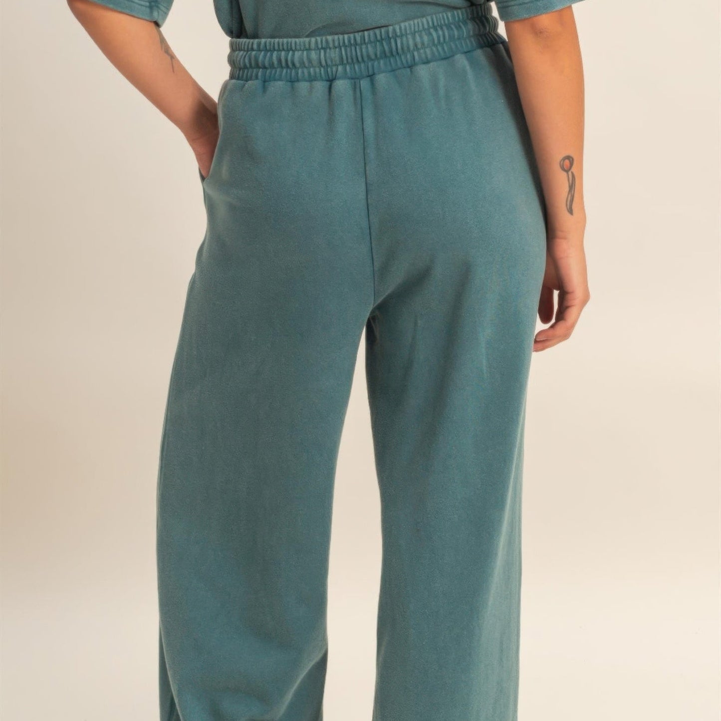 Acid Wash French Terry Wide-Leg Pants in Dark Teal - Back View