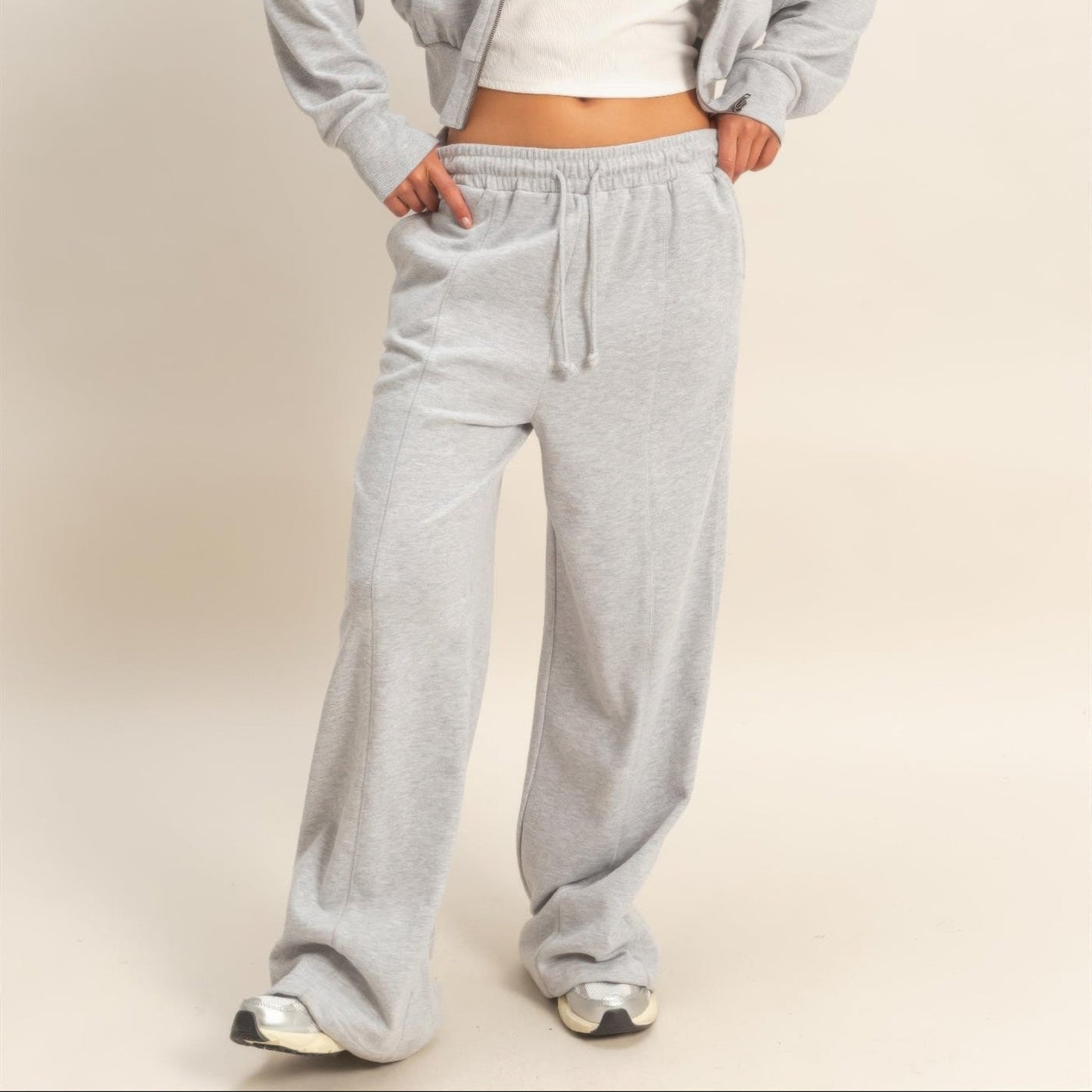 Acid Wash French Terry Wide-Leg Pants in Heather Grey - lifestyle View