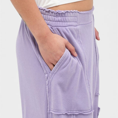 Mineral Wash Wide Leg Cargo Pants in Dusty Purple - Detail View