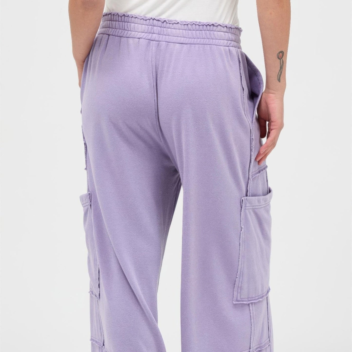 Mineral Wash Wide Leg Cargo Pants in Dusty Purple - Back View