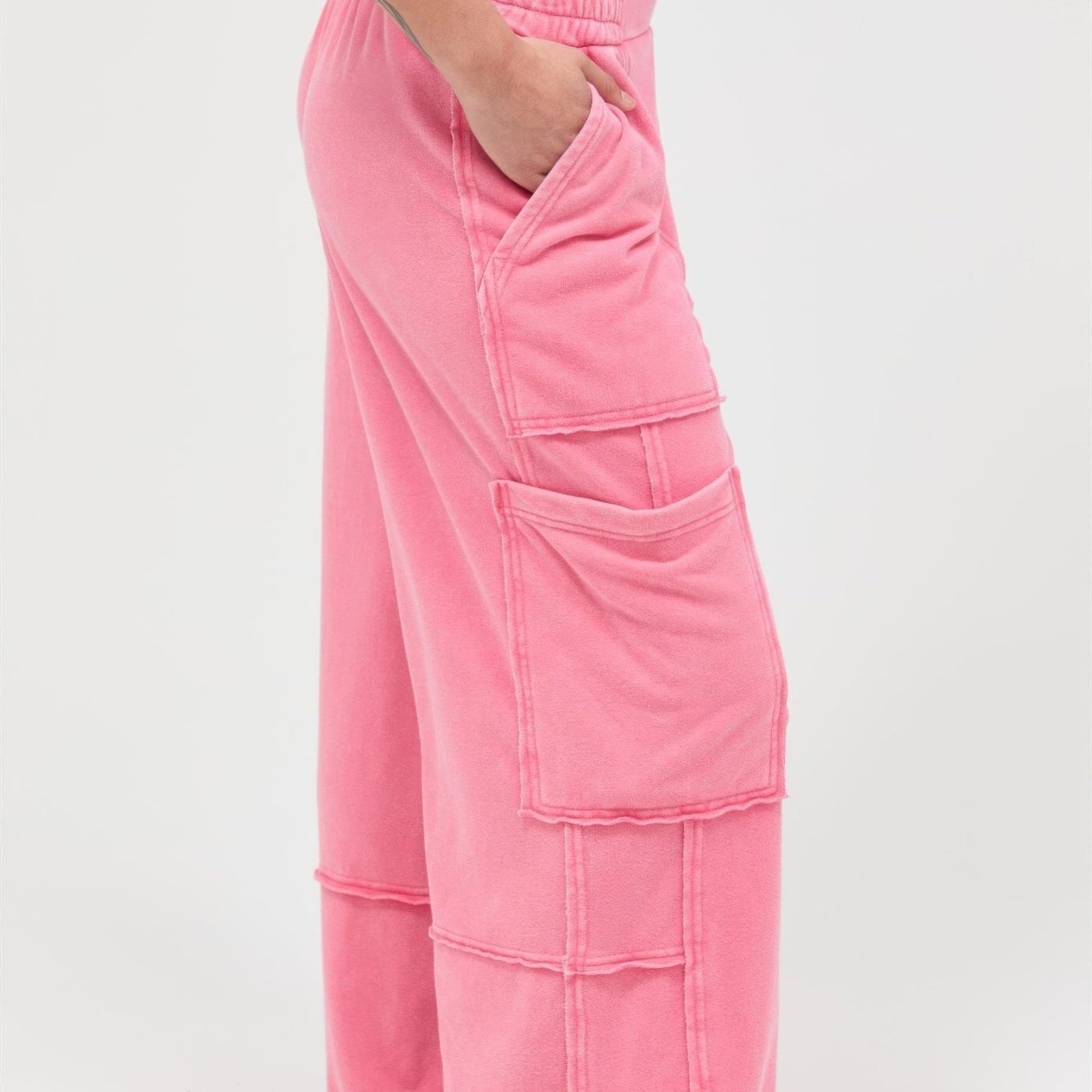 Mineral Wash Wide Leg Cargo Pants in Taffy Pink - Side View