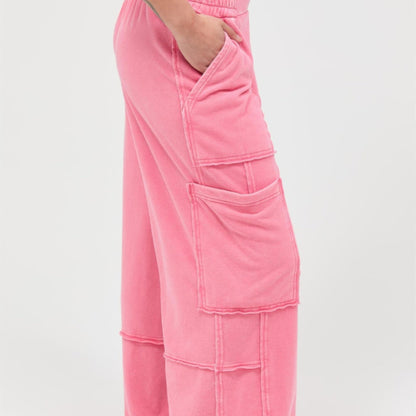 Mineral Wash Wide Leg Cargo Pants in Taffy Pink - Side View