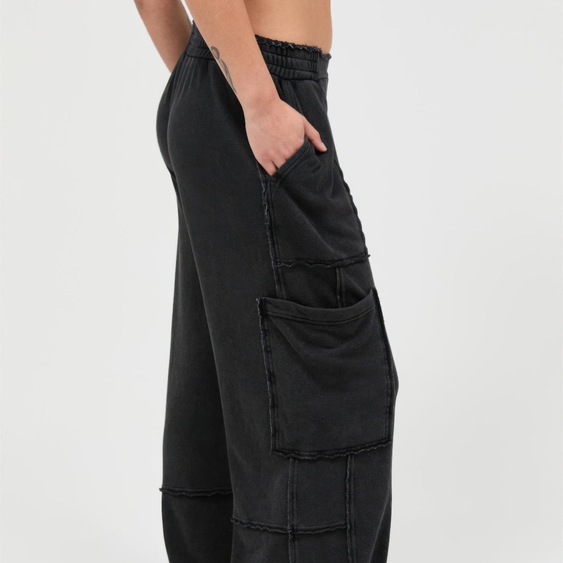 Mineral Wash Wide Leg Cargo Pants in Black - Side View