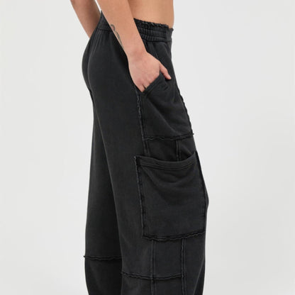 Mineral Wash Wide Leg Cargo Pants in Black - Side View