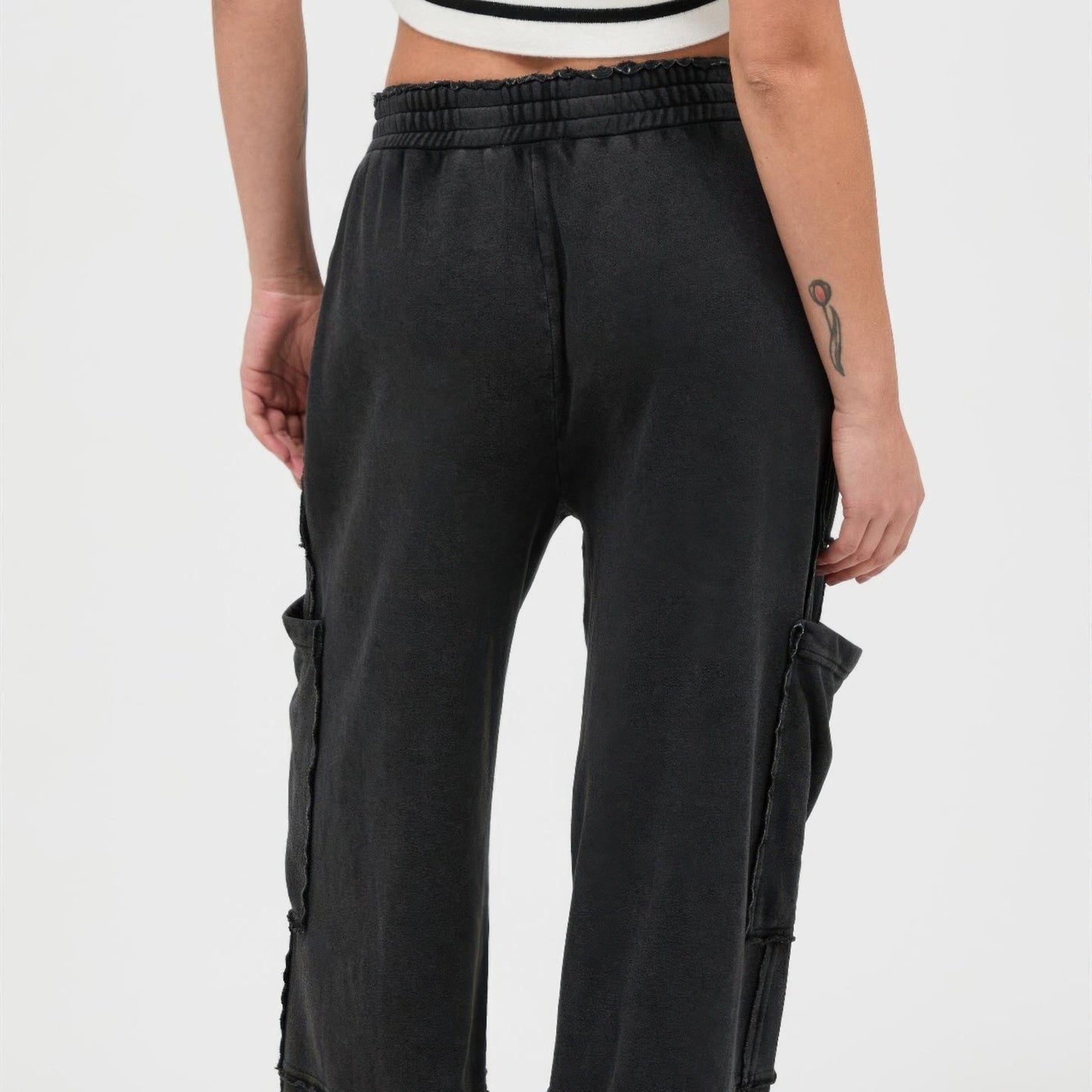 Mineral Wash Wide Leg Cargo Pants in Black - Back View
