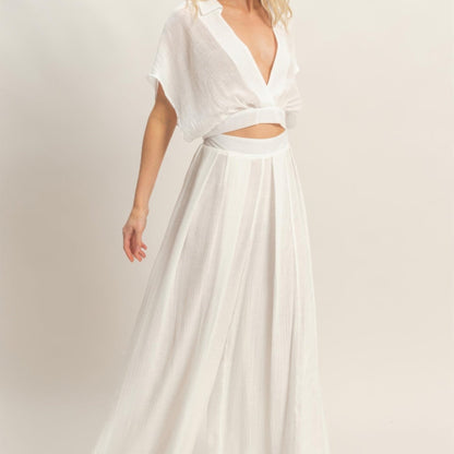 Collared Wrap Top & Wide-Leg Pants Set white  front side view