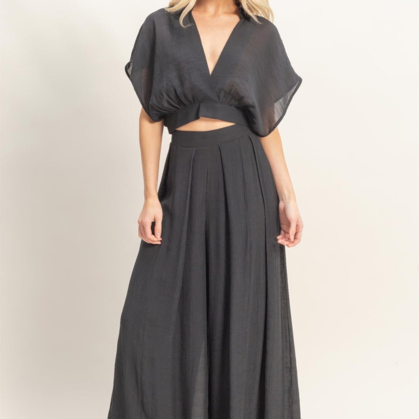 Collared Wrap Top & Wide-Leg Pants Set black front view