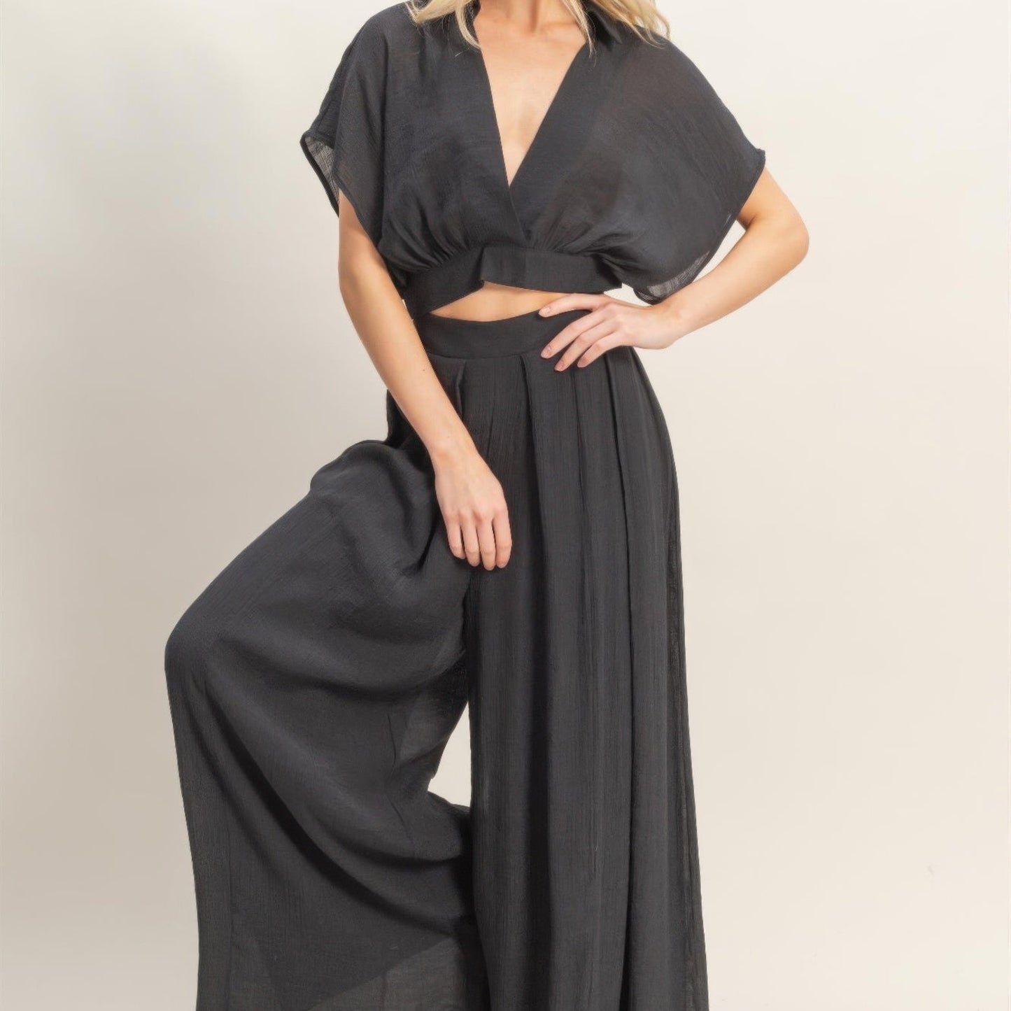 Collared Wrap Top & Wide-Leg Pants Set black side view