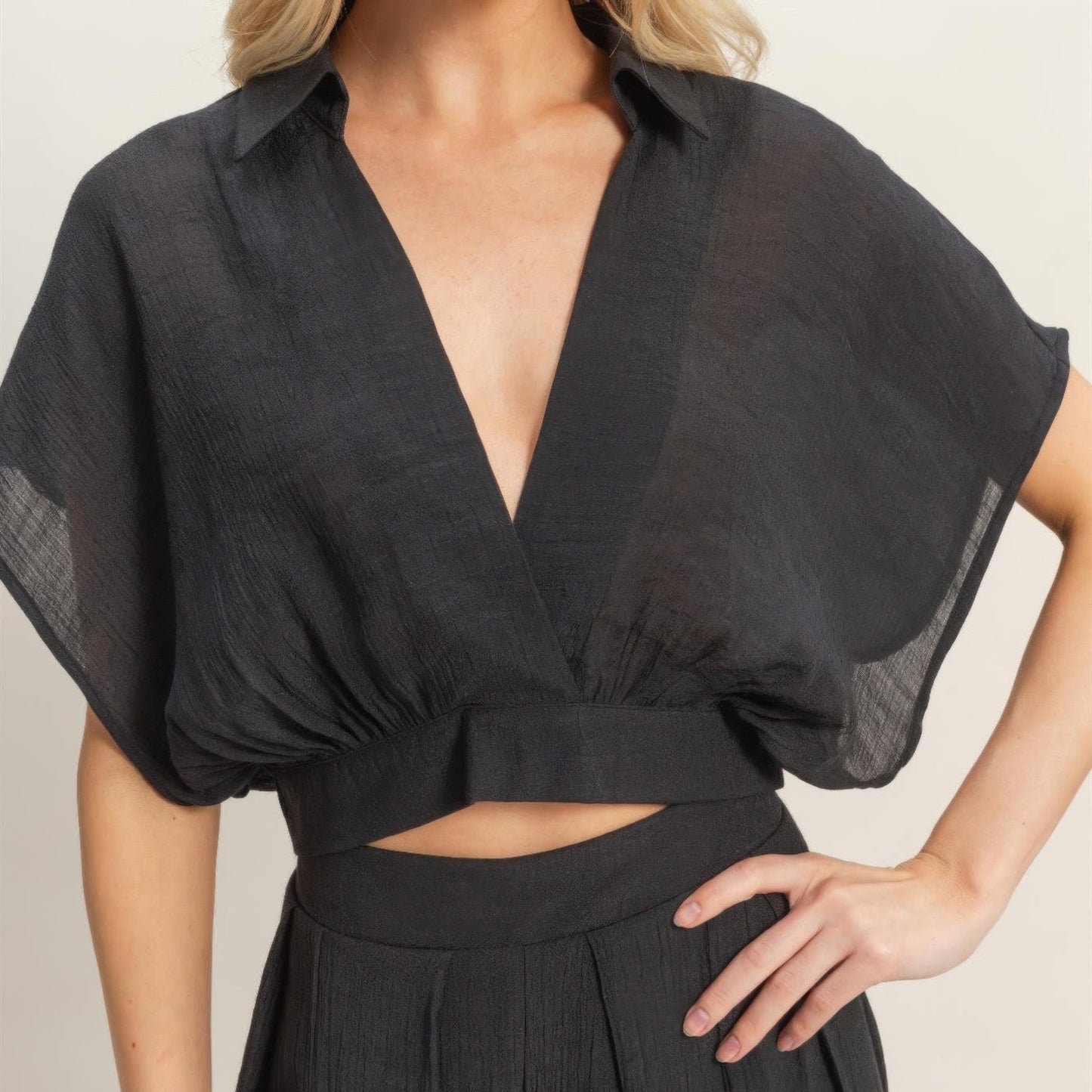 Collared Wrap Top & Wide-Leg Pants Set black detail view