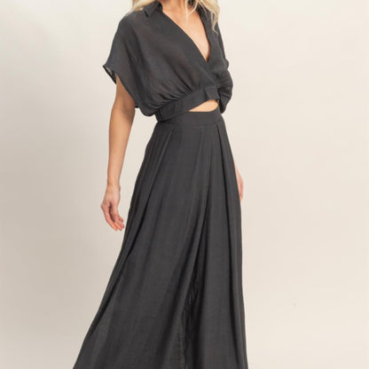 Collared Wrap Top & Wide-Leg Pants Set black view