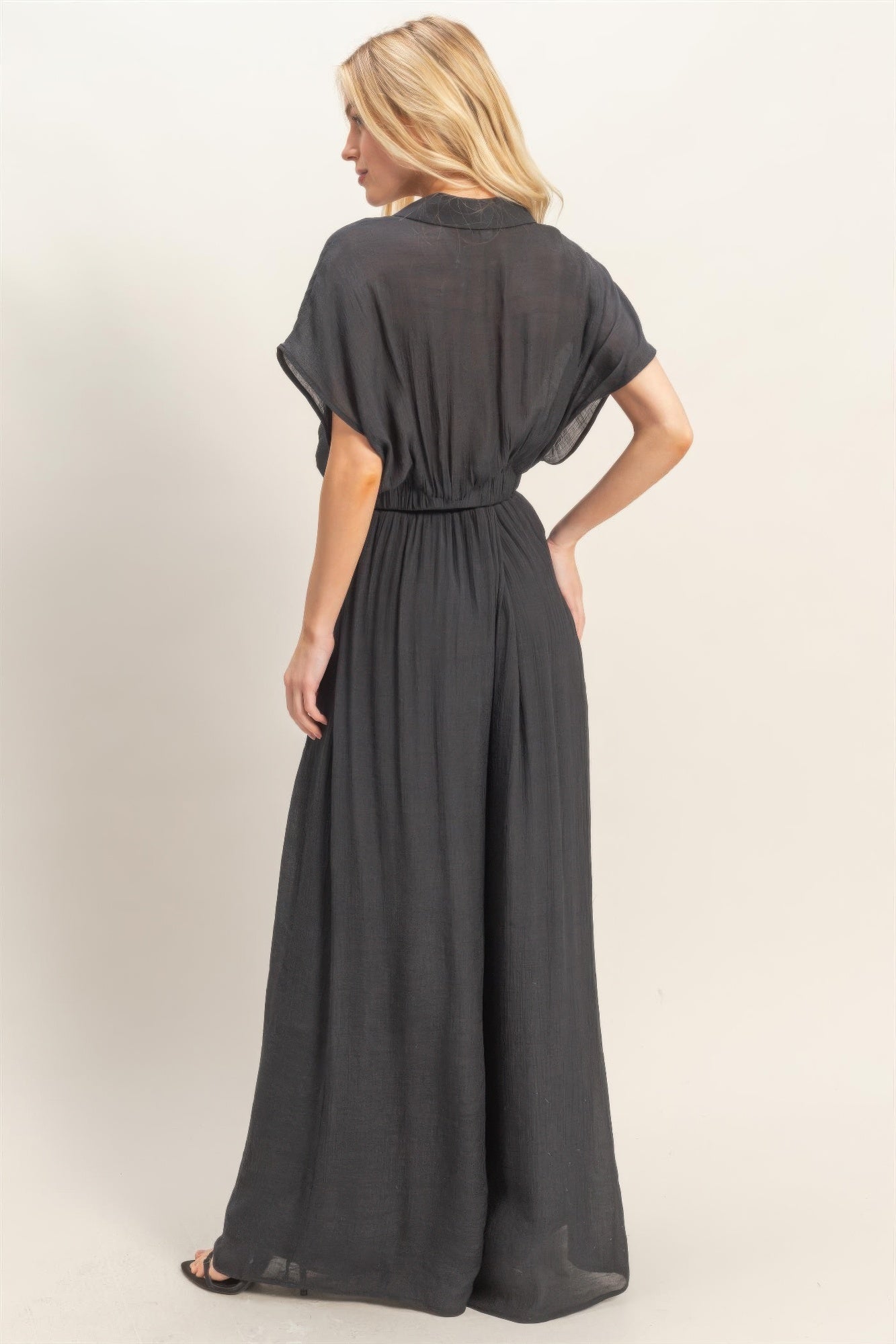 Collared Wrap Top & Wide-Leg Pants Set black back view