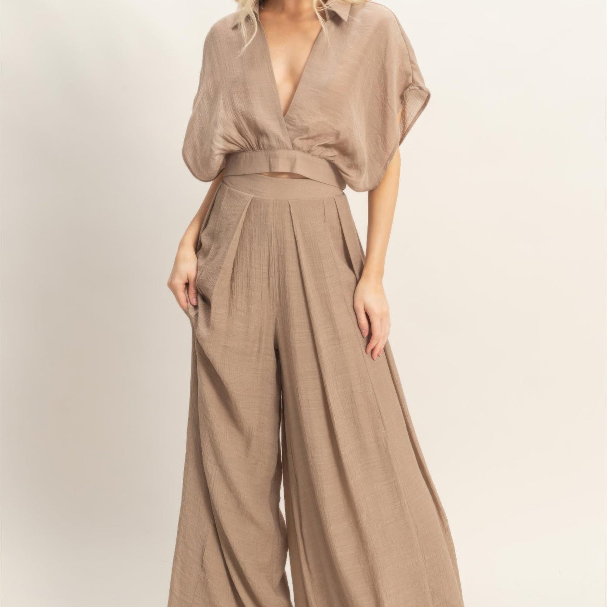 Collared Wrap Top & Wide-Leg Pants Set Light mocha front side view