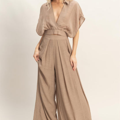 Collared Wrap Top & Wide-Leg Pants Set Light mocha front side view