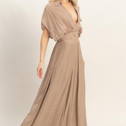 Collared Wrap Top & Wide-Leg Pants Set Light mocha side view