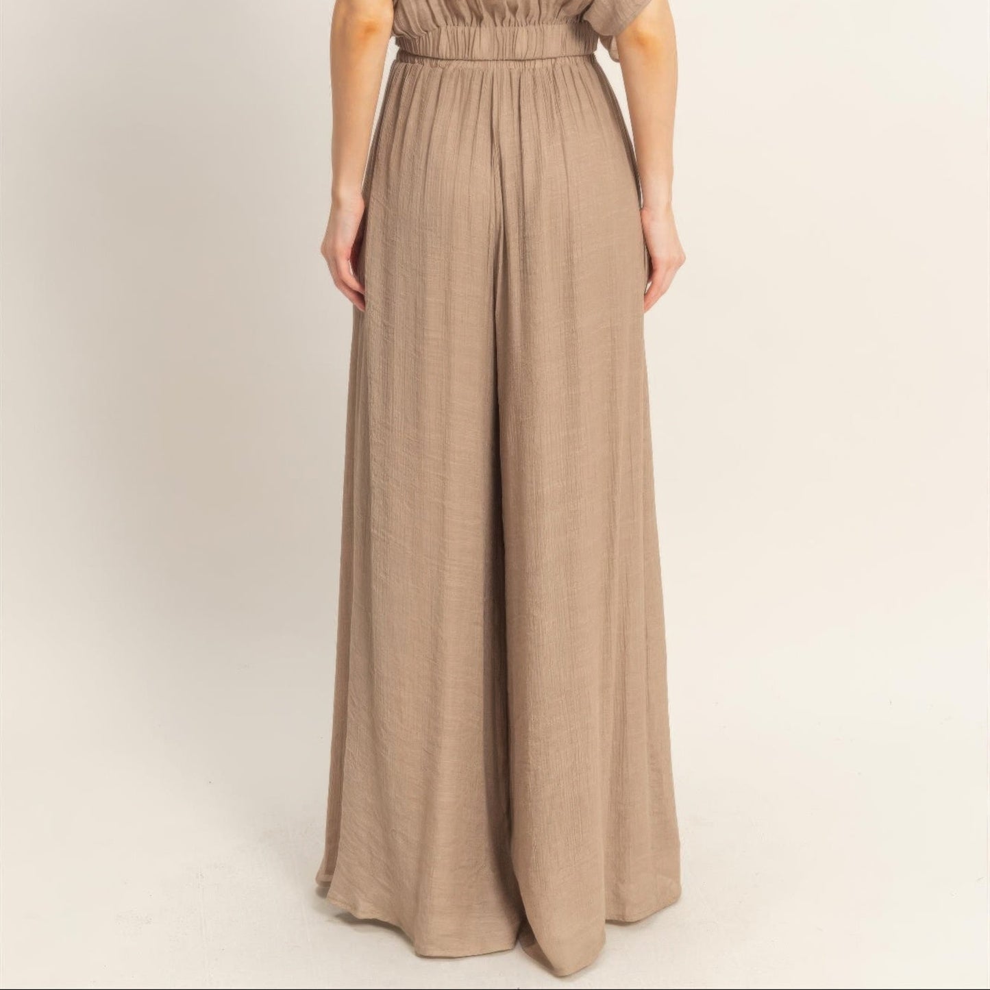 Collared Wrap Top & Wide-Leg Pants Set Light mocha back view