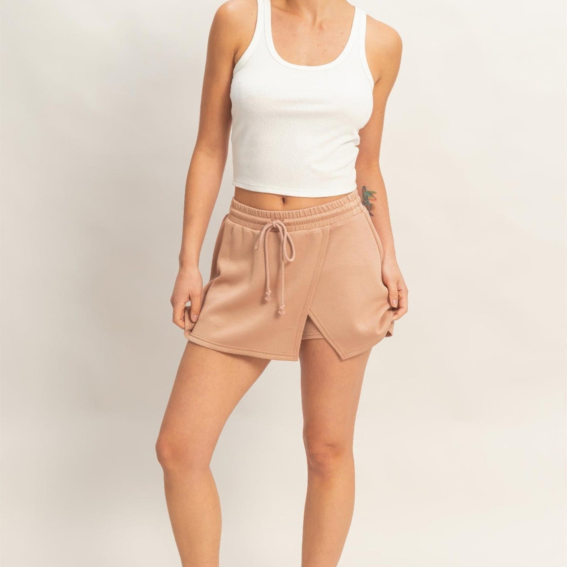 Wrap Front Elastic Waist Skort in Dark Taupe - Front View
