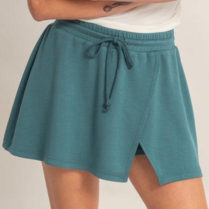Wrap Front Elastic Waist Skort in Dark Teal - Front View