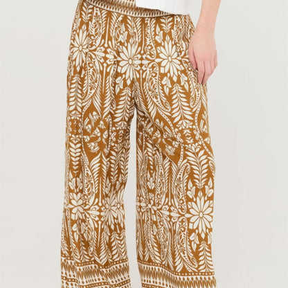 Smocked Waist Floral Pants in Brown - Front View
