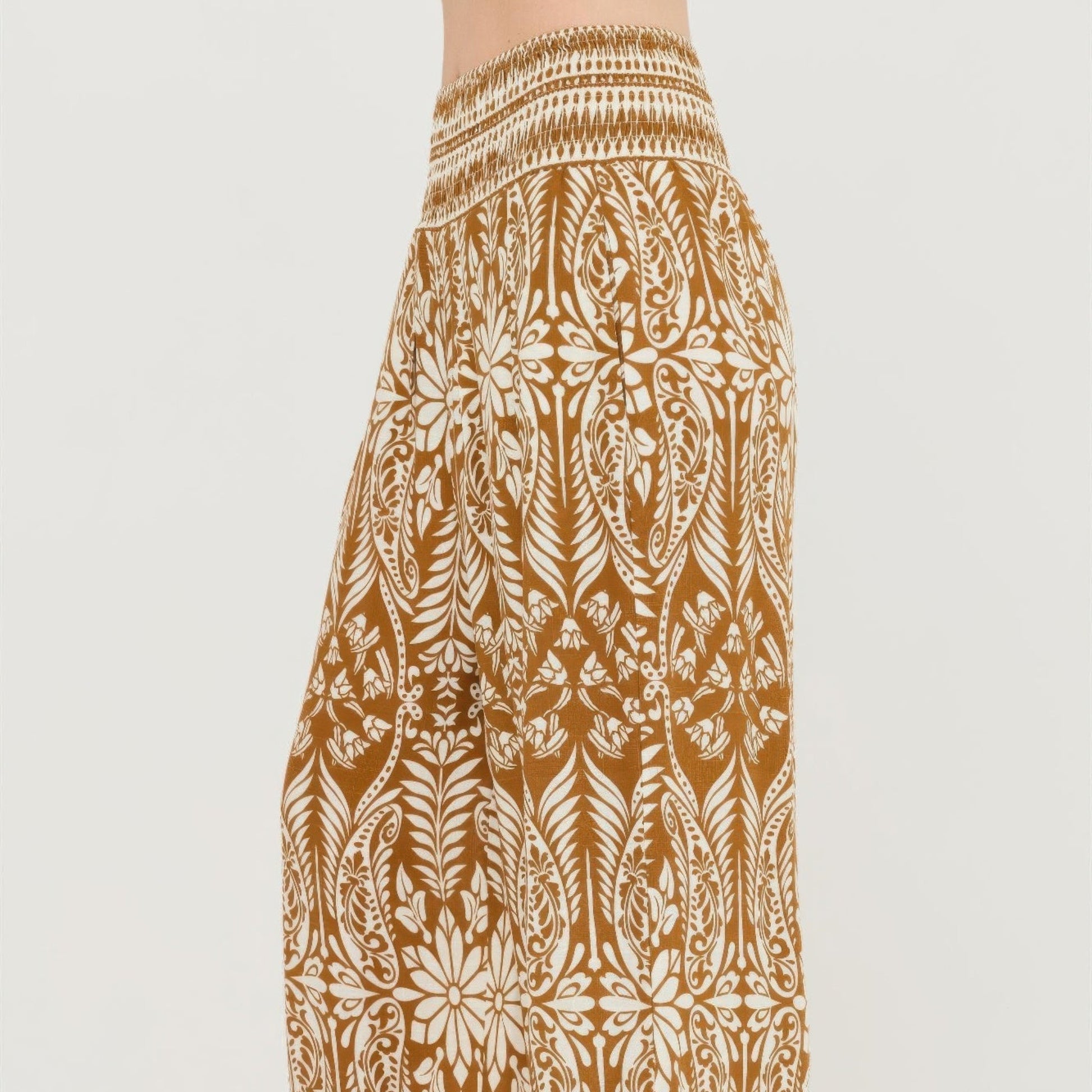 Smocked Waist Floral Pants in Brown - Side View