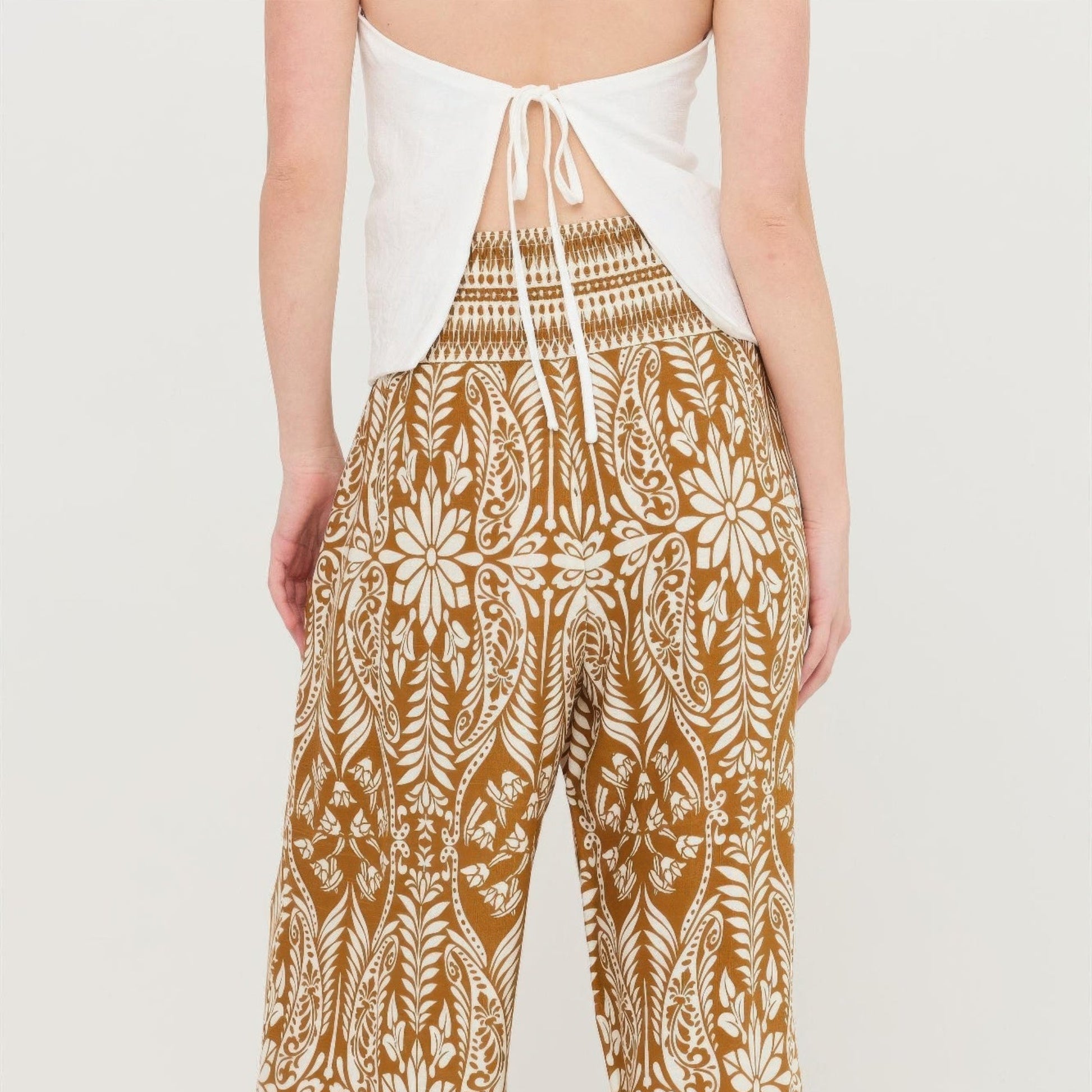 Smocked Waist Floral Pants in Brown - Back View