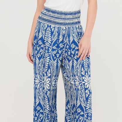 Smocked Waist Floral Pants in Blue - Front View