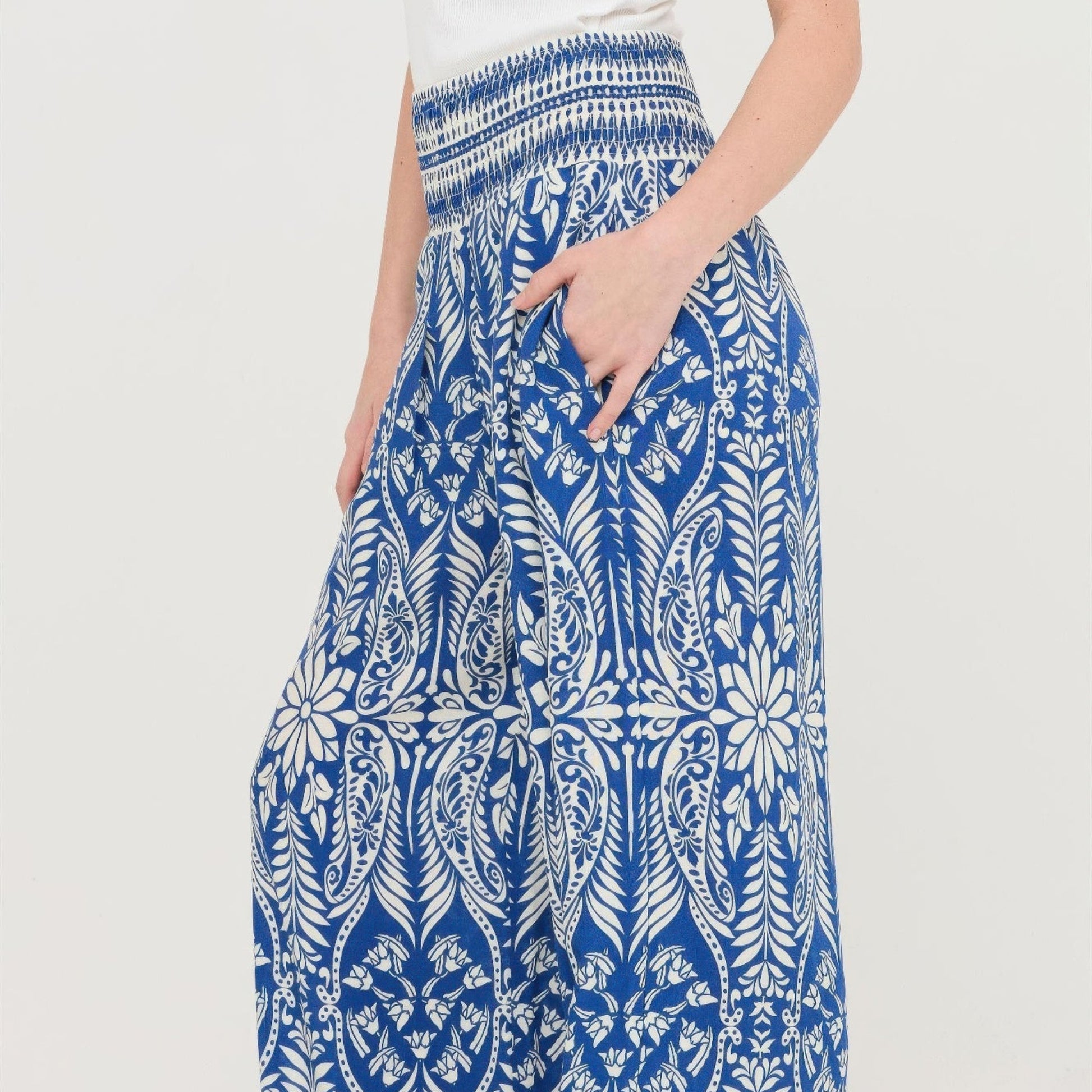 Smocked Waist Floral Pants in Blue - Side View
