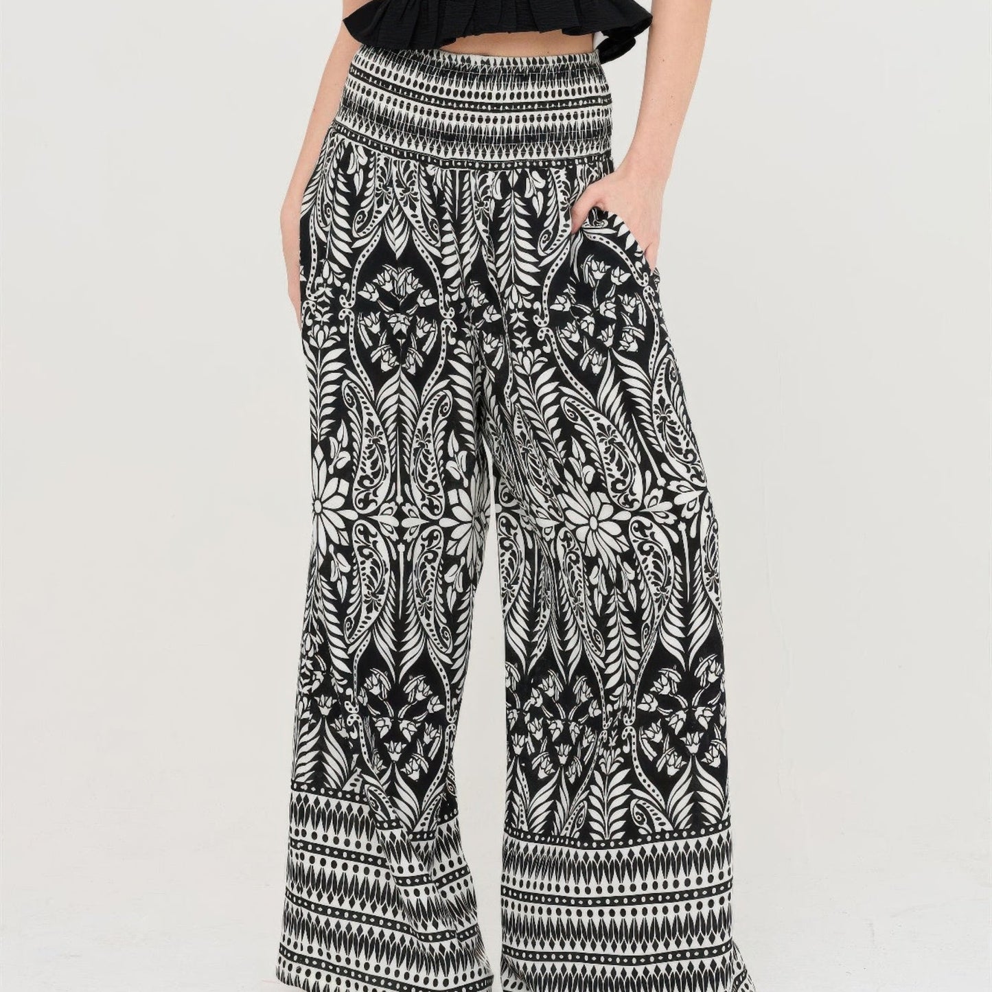 Smocked Waist Floral Pants in Black - Side View
