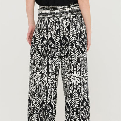 Smocked Waist Floral Pants in Black - Back View
