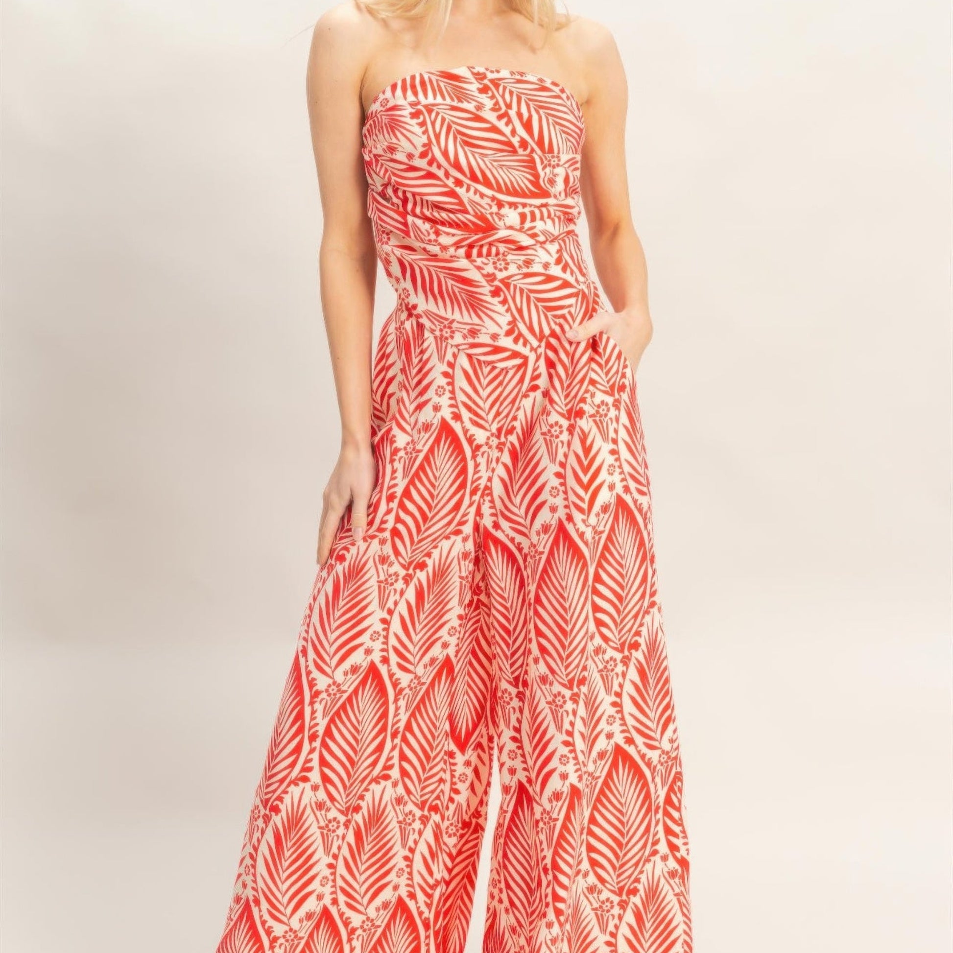 Strapless Pleated Top & Print Pants Set red front view