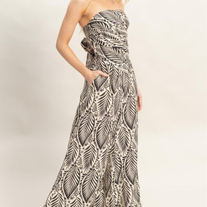 Strapless Pleated Top & Print Pants Set black side view
