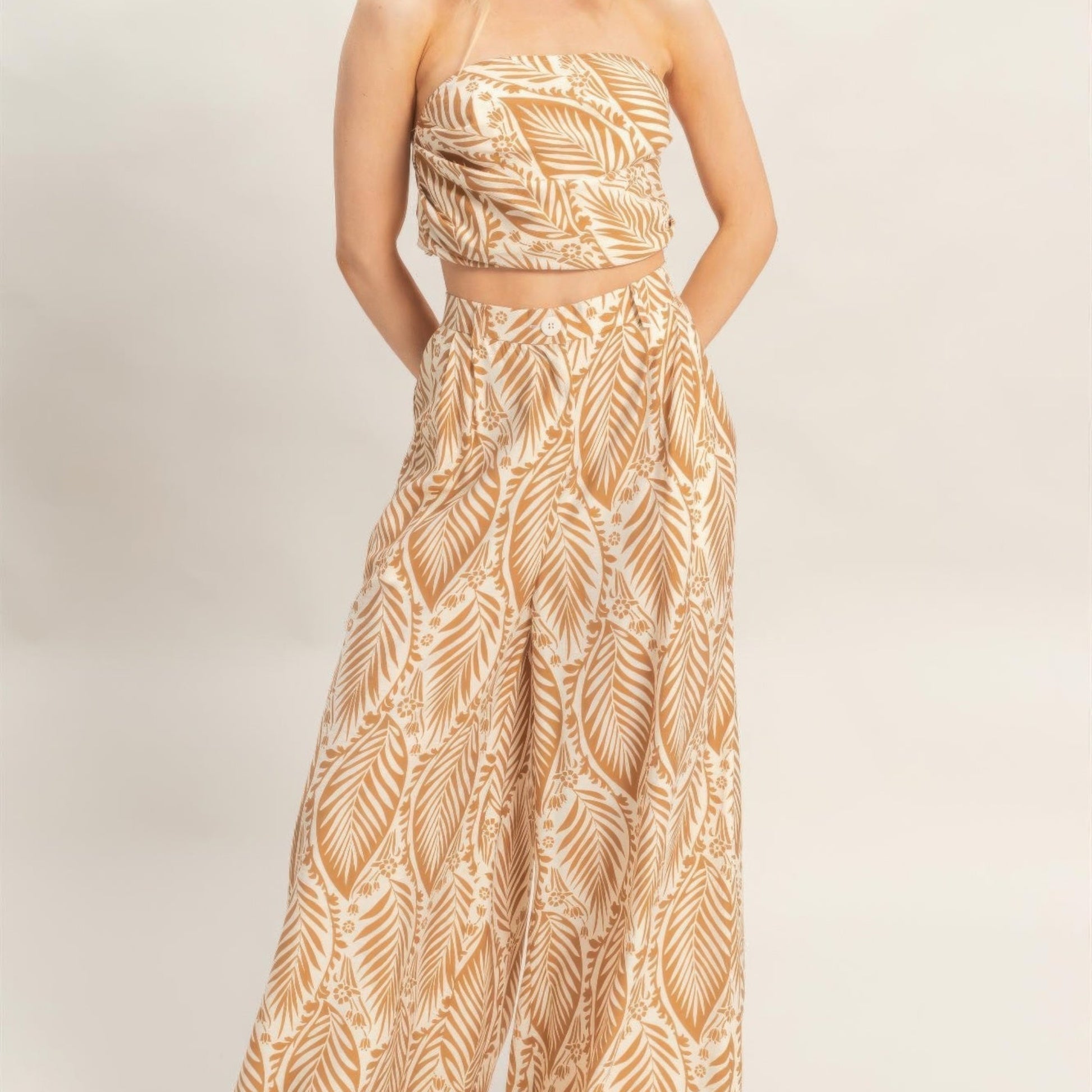 Strapless Pleated Top & Print Pants Set light brown front view