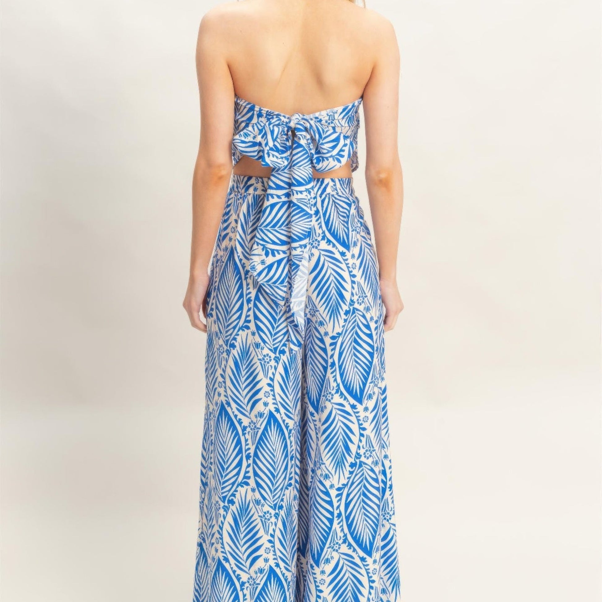 Strapless Pleated Top & Print Pants Set blue back view