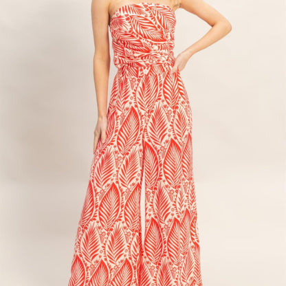 Strapless Pleated Top & Print Pants Set red full view