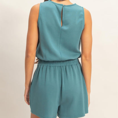 Drawstring Waist Sleeveless Romper in Dark Teal - Back View