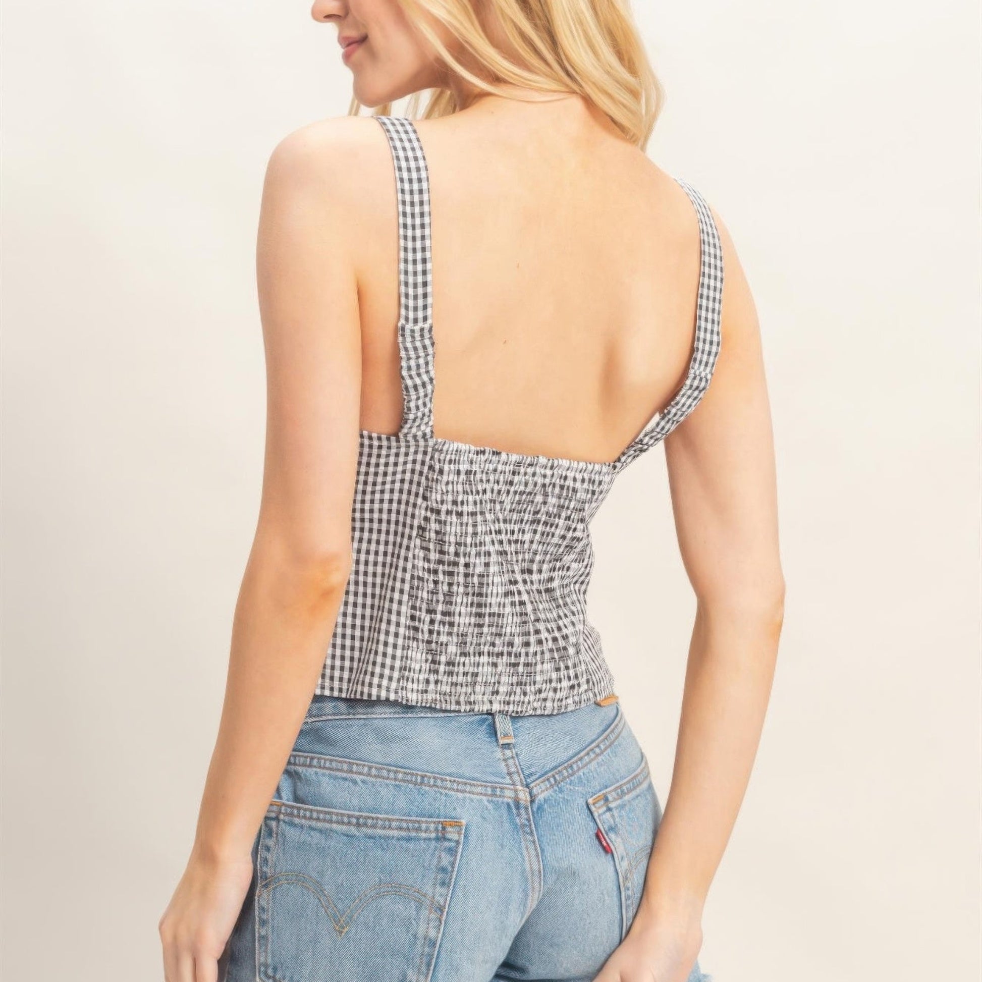 Gingham Tie Front Tank Top in Black - Back View 