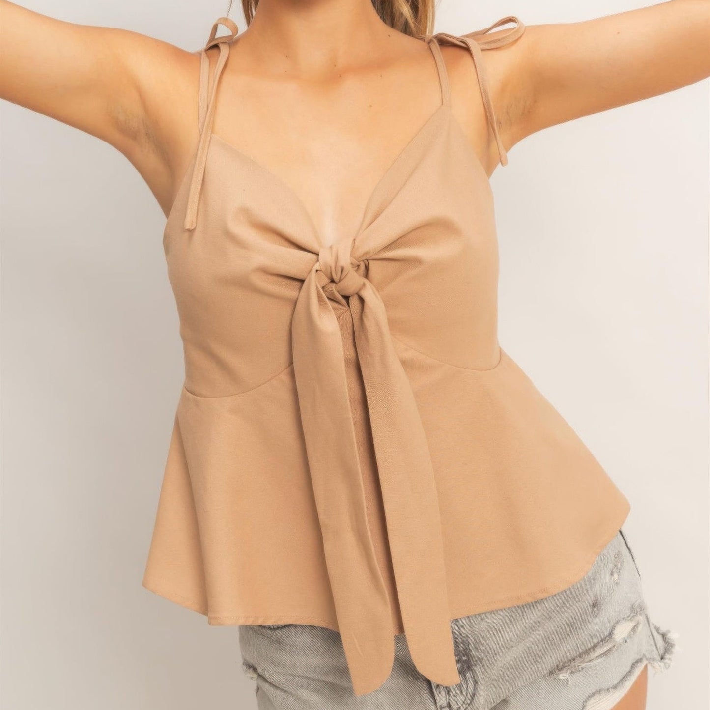 Tie Front Spaghetti Strap Top in Dark Taupe - Front View