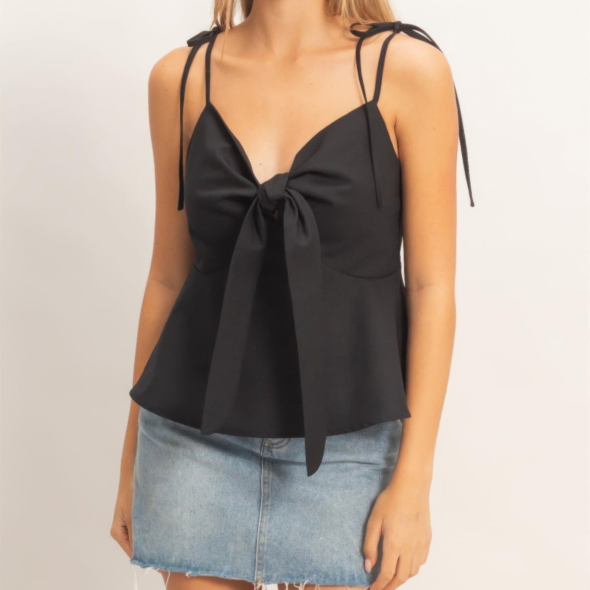 Tie Front Spaghetti Strap Top in Black - Front View